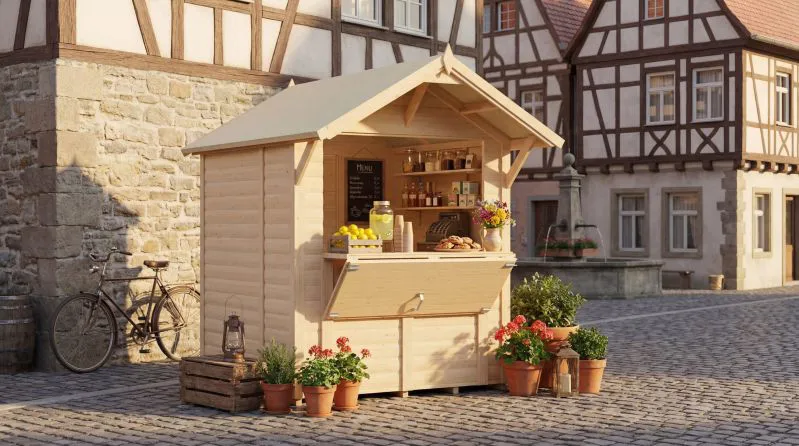 Stand de vente / Kiosque / Plancher inclus / Naturel / Surface : 3,19 m² / Maisonnette de vente / Toit à deux pentes / Rêve de soleil 01 / Porte en bois massif encadrée