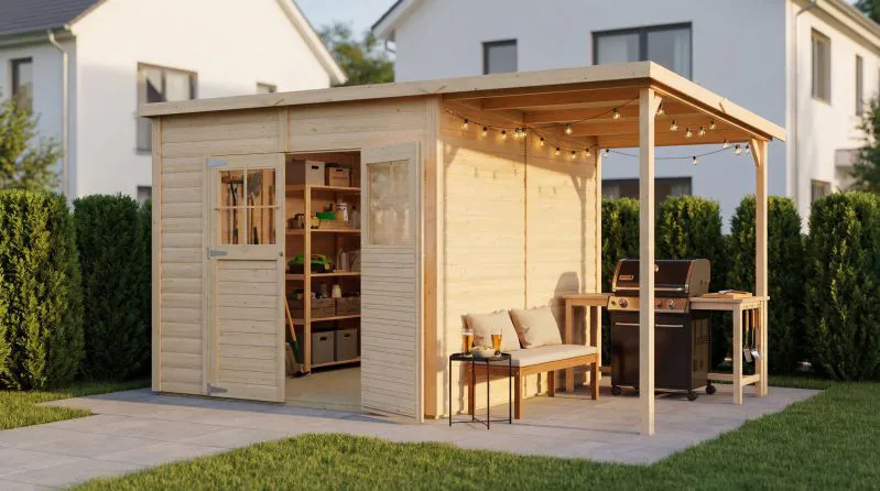 Abri de jardin en éléments de 19 mm / 3,84 x 2,39 mètres / Abri de jardin avec toit rapporté / Naturel / Abri de jardin / Plancher inclus / Toit plat / Mayence 04 / Porte encadrée de bois massif avec fenêtres