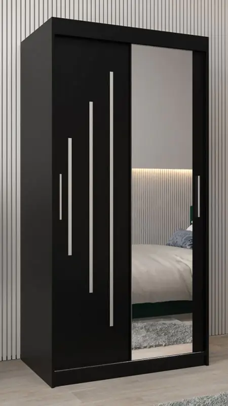 Armoire à portes coulissantes / Penderie avec miroir Tomlis 01B, Couleur : Noir - Dimensions : 200 x 100 x 62 cm (h x l x p)