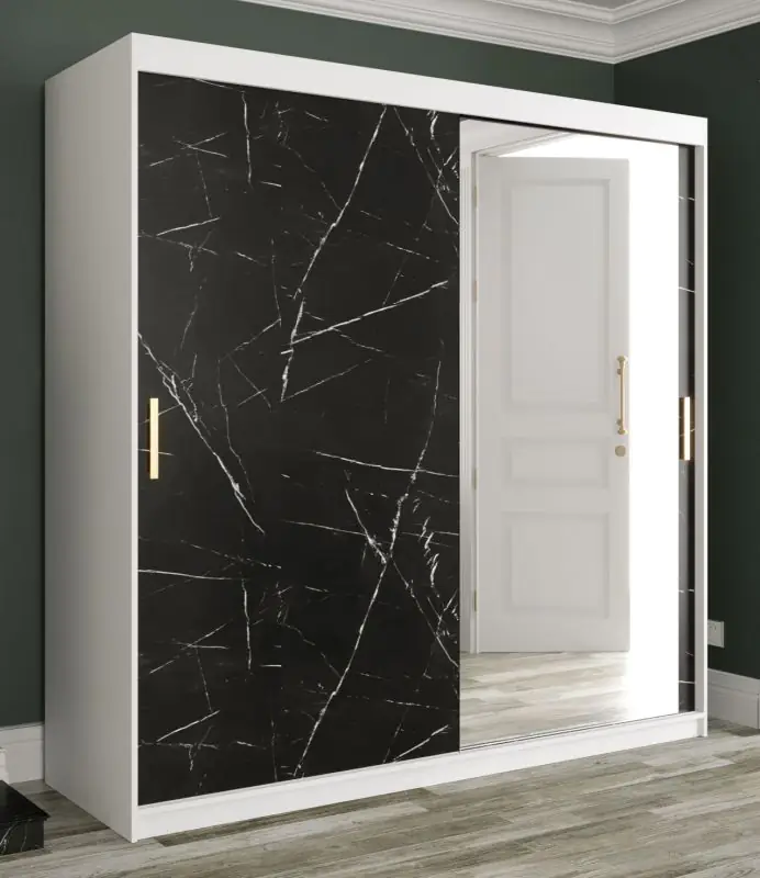 Armoire moderne avec une porte miroir Etna 91, Couleur : Blanc mat / Marbre noir - Dimensions : 200 x 200 x 62 cm (h x l x p), avec 10 compartiments