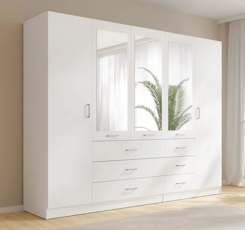 Armoire / 6 tiroirs / Couleur : Blanc / 2 portes battantes / 3 portes miroir / 2 tringles à vêtements / Dimensions : 250 x 58 x 200,5 cm / Armoire à portes battantes / Pour chambre à coucher