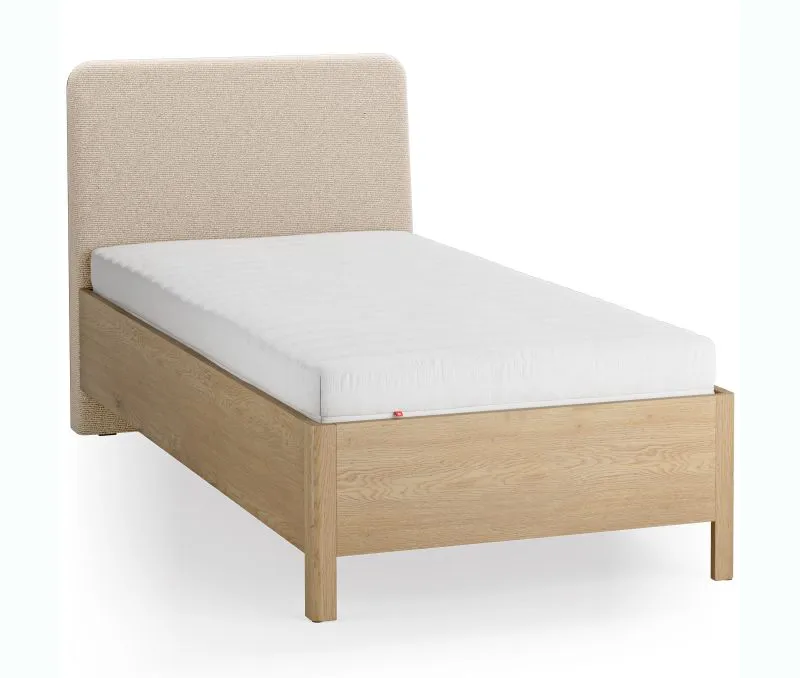 Lit simple / Couleur : Chêne / Beige / Chêne massif / Appui-tête rembourré doux / 90 x 200 cm / Lit d'appoint / Sommier à lattes Lift up inclus / Forme arrondie discrète