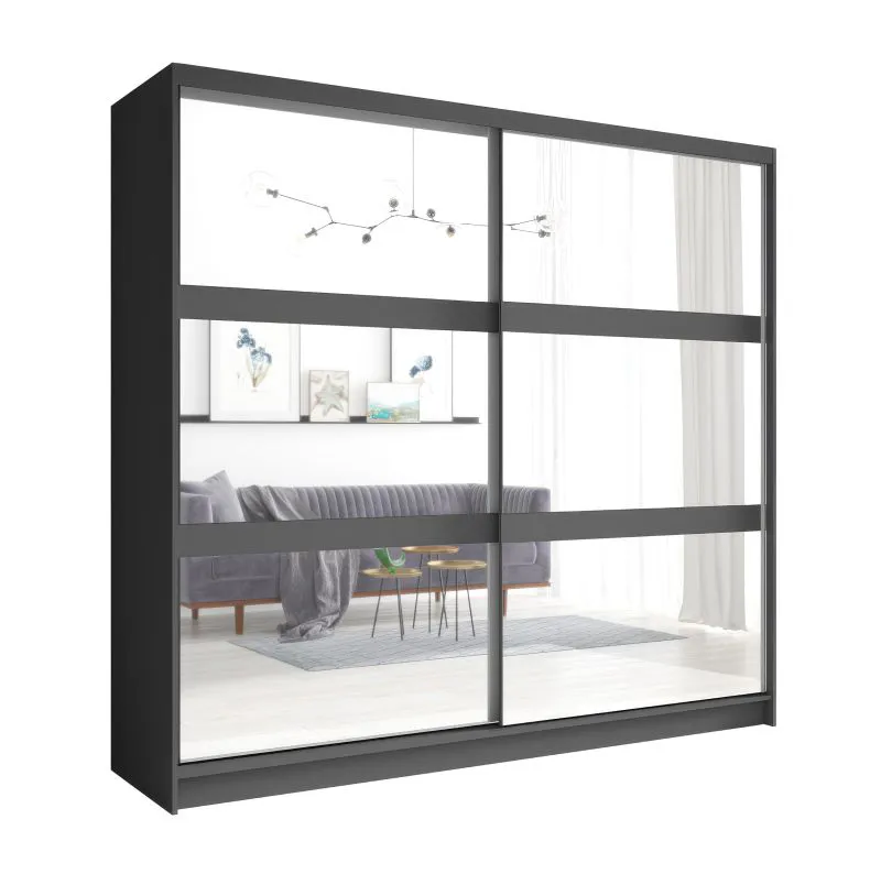 Armoire penderie à portes coulissantes miroir Almopia 01 | Graphit gris | 2 tringles | 10 compartiments | 215 x 230 x 52 cm