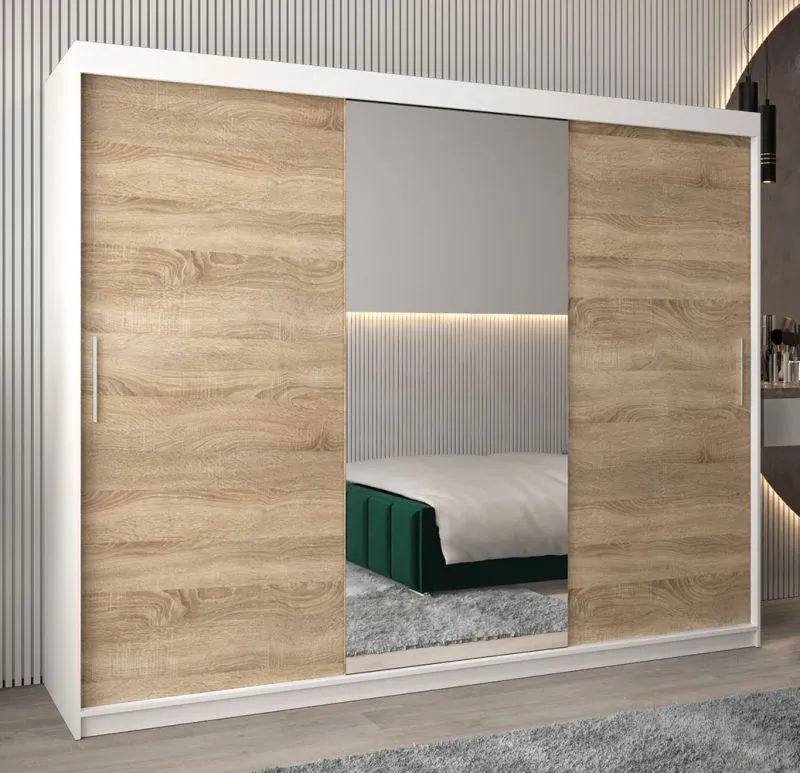 Armoire penderie à portes coulissantes Bisaurin 6B avec miroir | Blanc mat/chêne Sonoma | 200 x 250 x 62 cm
