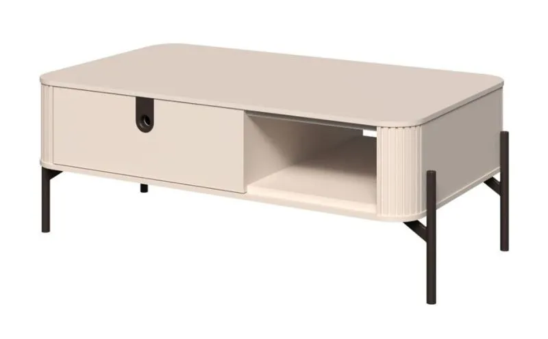 Table basse avec tiroir | 43 x 110 x 65 cm | Finition cachemire mate | Système Soft Close | Pieds en métal | Relief décoratif