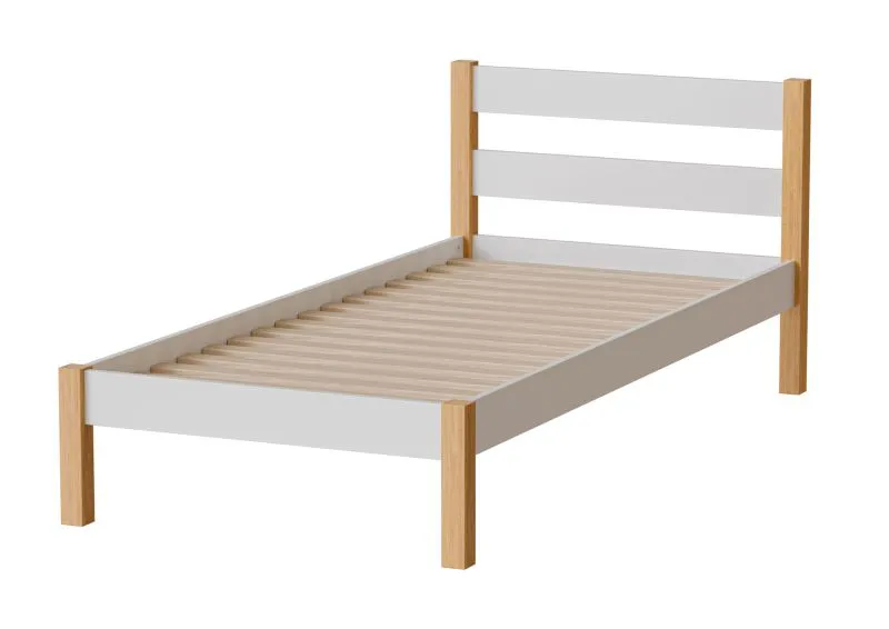 Lit simple Ailina 04 avec sommier | 90 x 200 cm | Blanc & Chêne naturel | Pin massif | Enfant & Adolescent