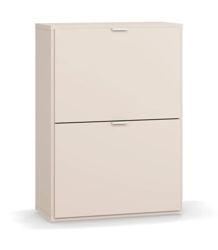 Meuble à chaussures 6 compartiments | 2 portes basculantes | Beige & poignées blanches | 65 x 32 x 90 cm | Pour vestibule