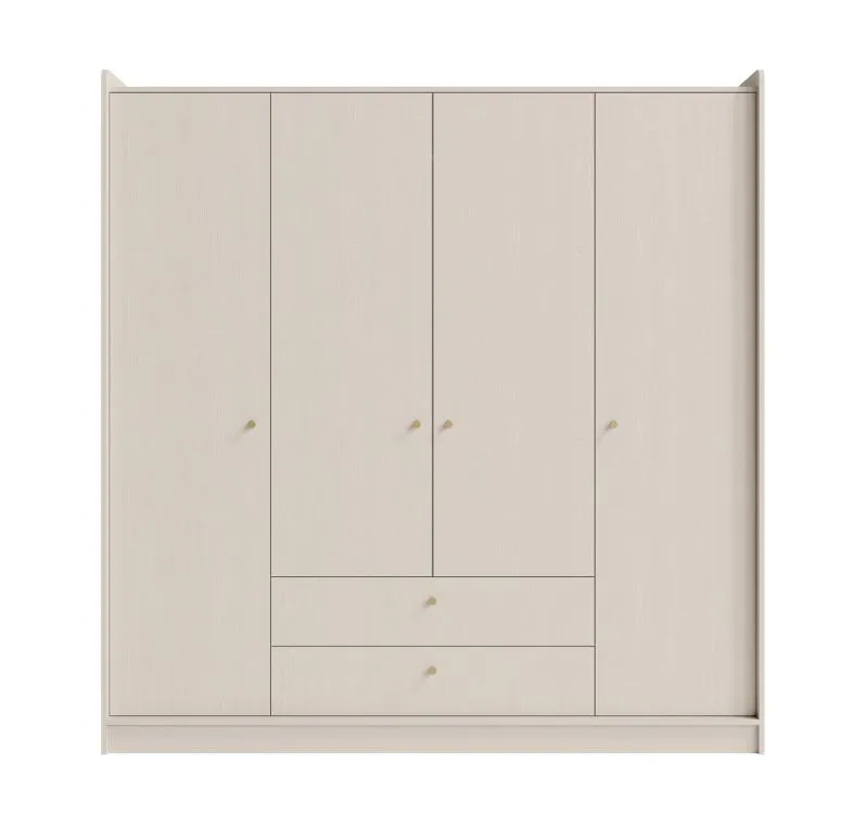 Armoire / 4 portes battantes / Couleur : Beige avec effet bois / 2 tiroirs / Dimensions : 200 x 52 x 207 cm / 2 tiroirs / 1 tringle à vêtements / Pour chambre à coucher