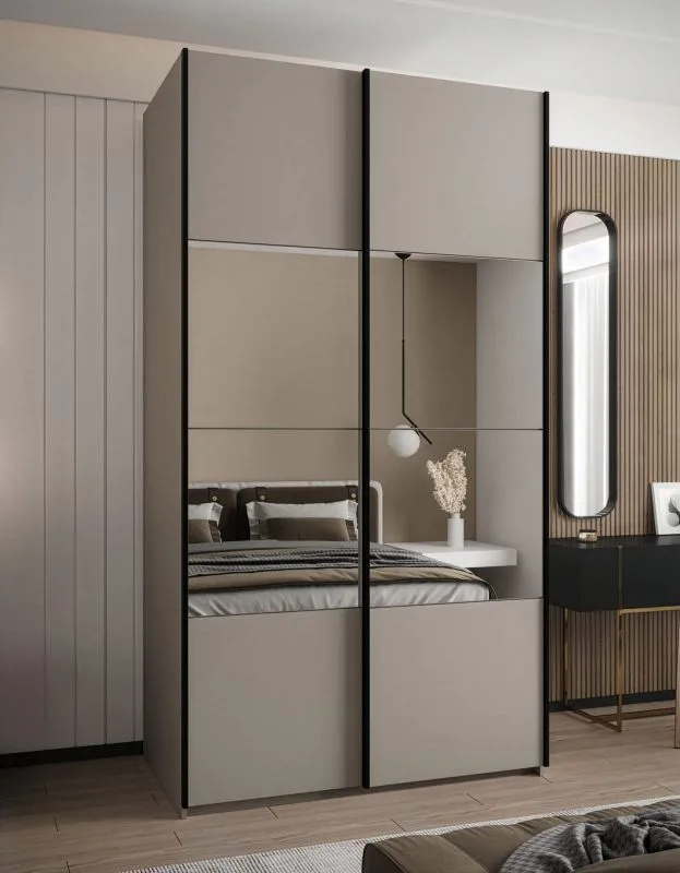 Penderie / Armoire à portes coulissantes / Couleur : Cachemire / 2 portes coulissantes / Soft-Close / 245,5 x 130 x 64 cm / Miroir / 2 tringles à vêtements / 6 compartiments