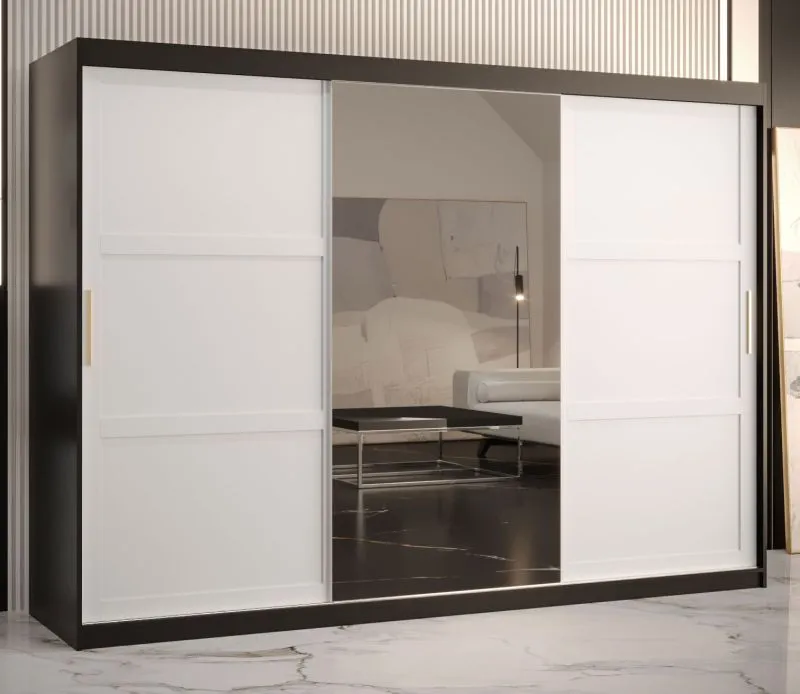 Armoire penderie Liskamm 47 avec miroir | 200 x 250 x 62 cm | Noir mat / Blanc mat | Grand espace de rangement