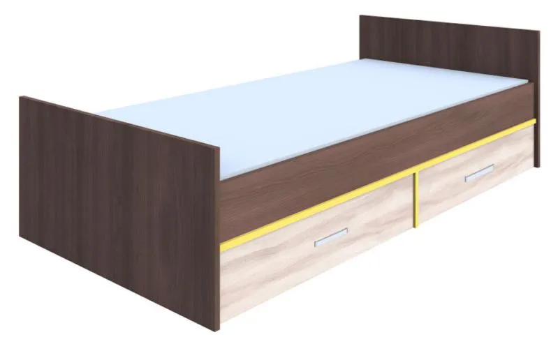 Lit double Kerema 10 | Noyer, Orme & Jaune | 160 x 200 cm | Design moderne & rangements intégrés