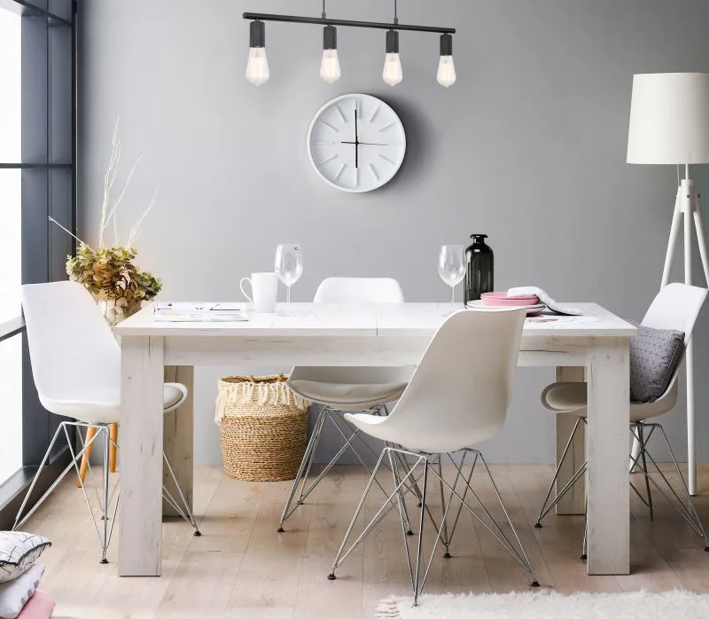 Table à manger extensible Vojvo 02 | Chêne blanc | 76,5 x 161 x 90,5 cm | Jusqu'à 200 cm | Robuste et élégante