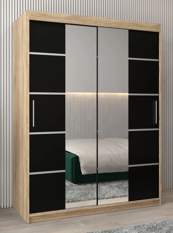 Armoire à portes coulissantes Jan 03D avec miroir | chêne Sonoma & noir | 200 x 150 x 62 cm