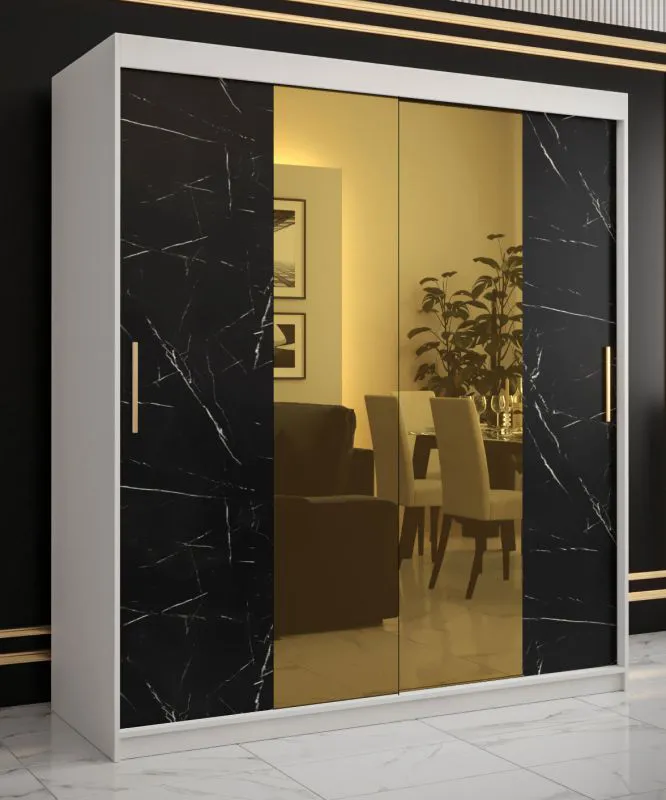 Armoire penderie Hochfeiler 37 | Blanc et marbre noir | 200 x 180 x 62 cm | 10 compartiments | 2 miroirs