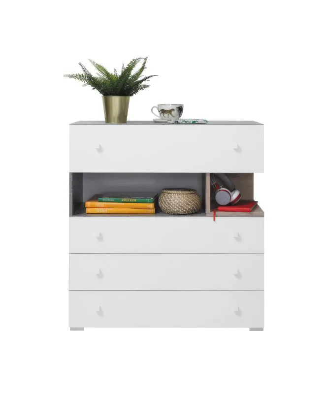 Commode chambre ado Lede 11 | Gris, chêne, blanc | 90 x 85 x 40 cm | 4 tiroirs