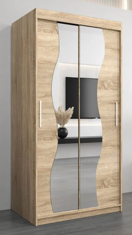 Armoire penderie à portes coulissantes Robinyera 01 avec miroir | Chêne Sonoma | 200 x 100 x 62 cm | Design moderne et gain de place
