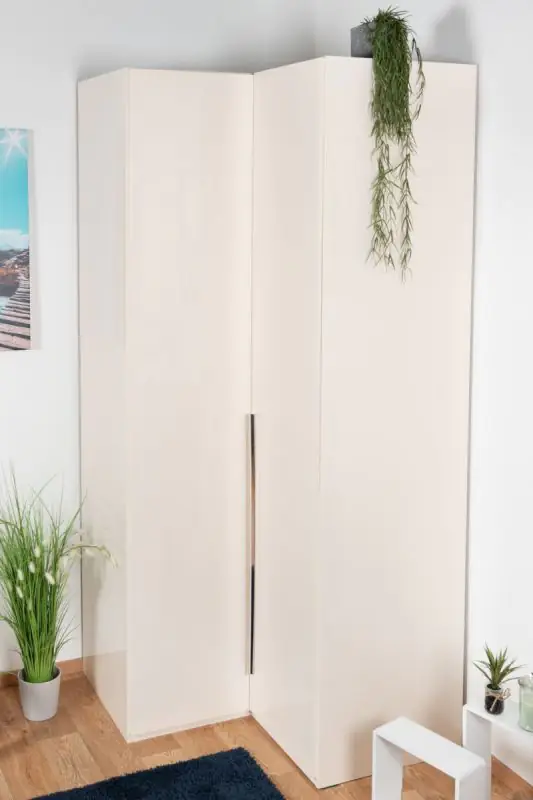 Armoire à portes battantes / armoire d'angle Siumu 04, couleur : beige / beige brillant - 224 x 100/102 x 56 cm (h x l x p)