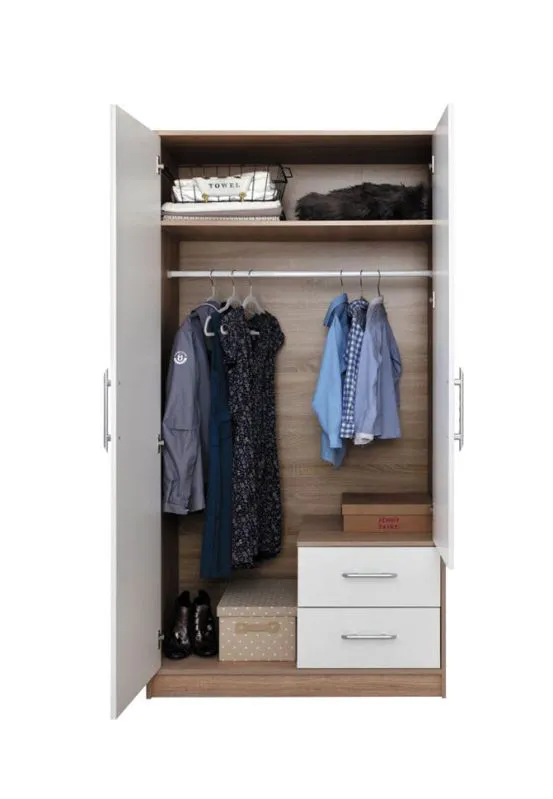 1 mètre de large Armoire avec 2 portes, 2 casiers et 2 tiroirs | Couleur : Blanc | Profondeur : 56 cm Abbildung