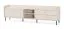 Meuble TV / 2 tiroirs / Format allongé / Couleur : Beige avec effet bois / 4 compartiments / Dimensions : 210 x 42 x 59 cm / 2 portes battantes / Pieds et poignées : métal