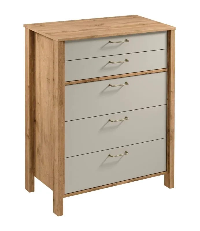 Commode haute Braianik 04 en Chêne Wotan / Beige, 109 x 90 x 47 cm, chambre à coucher, salon, bureau, 5 tiroirs, Poignées en métal, ABS protection des bords