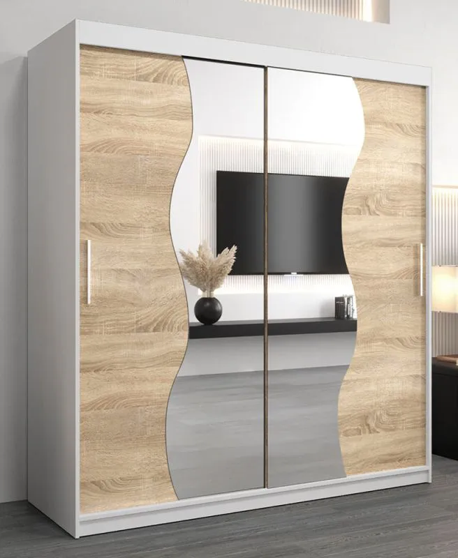 Armoire à portes coulissantes avec miroir Robinyera 04 | Blanc mat & chêne Sonoma | 200 x 180 x 62 cm