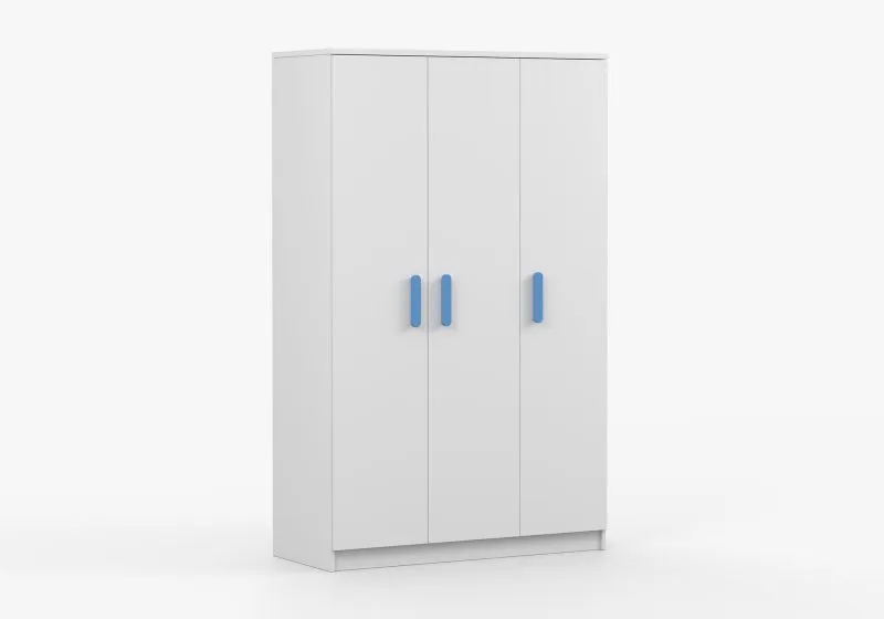 Armoire penderie Smolikas 118 | 3 portes battantes | 9 compartiments | 192 x 120 x 50 cm | Blanc, poignées bois