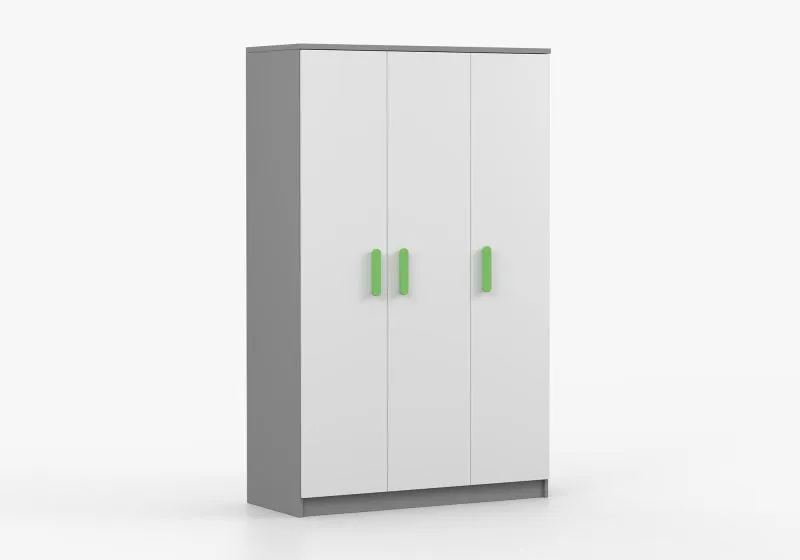 Armoire penderie Smolikas 111 | 192 x 120 x 50 cm | Blanc / Gris | 3 portes | 9 compartiments | Poignées bois