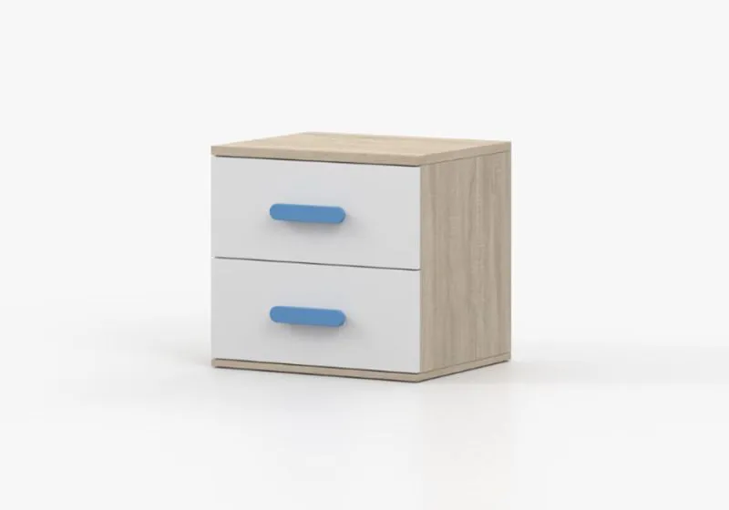 Table de chevet Smolikas 126 | 2 tiroirs spacieux | Blanc & Chêne Sonoma | Poignées bois bleues | Compact 50 x 55 x 40 cm