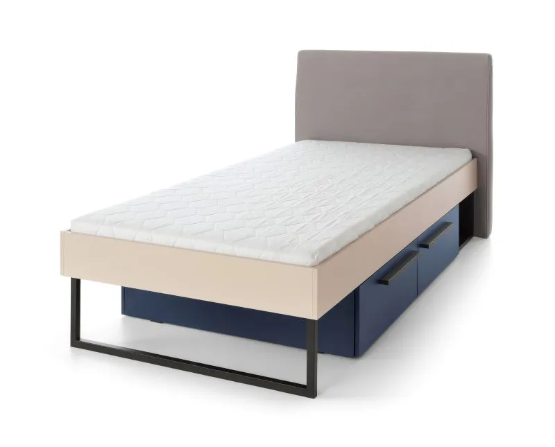 Lit 1 place avec 2 tiroirs Authie 12 | Beige & Bleu foncé | Couchage 90 x 200 cm | Tête de lit tissu | Bords ABS