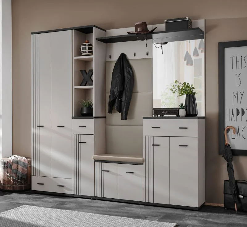 Garde-robe / Miroir / Couleur : Cachemire / Noir / 4 crochets / Panneau rembourré / Dimensions : 210 x 32 x 203 cm / Armoire / 3 tiroirs