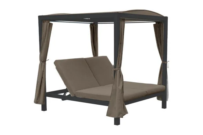 Lit de soleil Toulouse Incl. rideau & rembourrage, Couleur : Anthracite, Couleur du rideau : Taupe, 2080 x 1880 x 2070 mm, Surface de couchage réglable, avec toit