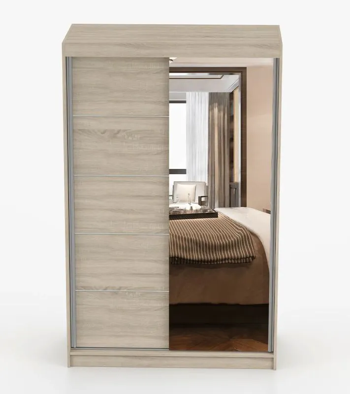 Armoire portes coulissantes 1,2 m | Rudawy 05 | Chêne Sonoma | 2 portes miroir | 200 x 120 x 61 cm | 6 compartiments