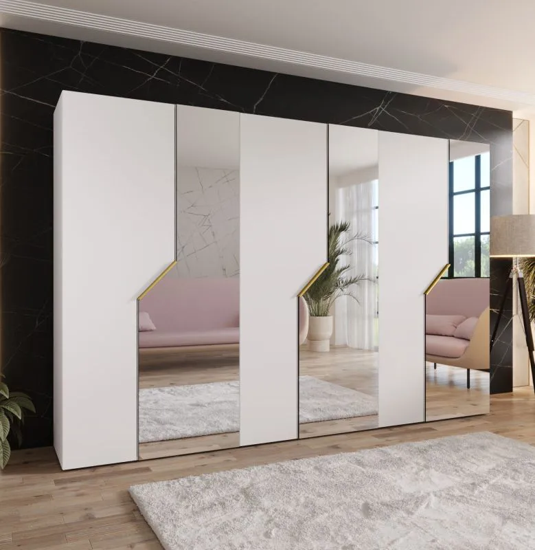 Armoire à portes battantes / 3 portes à miroir / Couleur : Blanc / 3 compartiments / 3 tringles à vêtements / Fonction Soft-Close / Poignées : Or / Dimensions : 300 x 52 x 202 cm / Penderie / Chants ABS