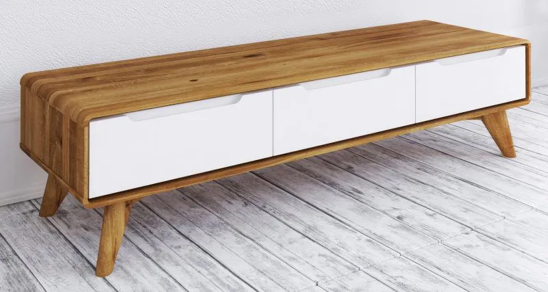 Meuble TV Timaru 22, Chêne sauvage huilé / Blanc, massif partiel - Dimensions : 33 x 134 x 40 cm (H x L x P)