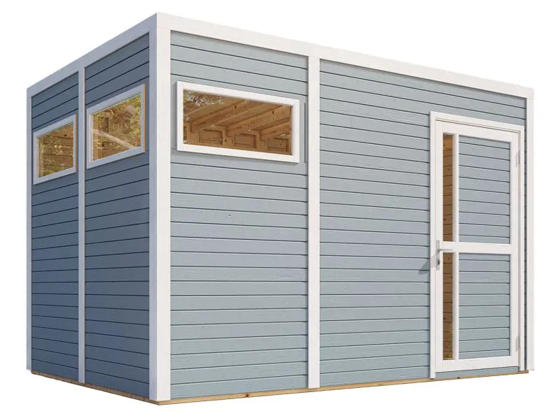 Abri de jardin Basel 03 avec plancher, gris clair laqué - en éléments de 19 mm, surface au sol : 7,70 m², toit plat