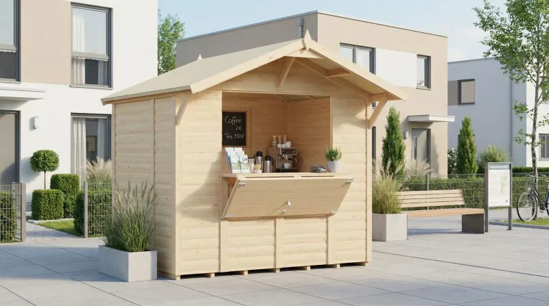 Kiosque / Sol inclus / Naturel / Stand de vente / Maisonnette de vente / Surface au sol : 4,33 m² / Rêve de soleil 02 / Toit à deux versants / Porte encadrée de bois massif