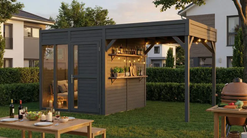 Abri de jardin / Anthracite / Pool house / Toit ouvrant / Construction en éléments / 4,49 x 2,34 mètres / Plancher inclus / Joie du soleil 01 / Toit plat / Fenêtres en verre de sécurité