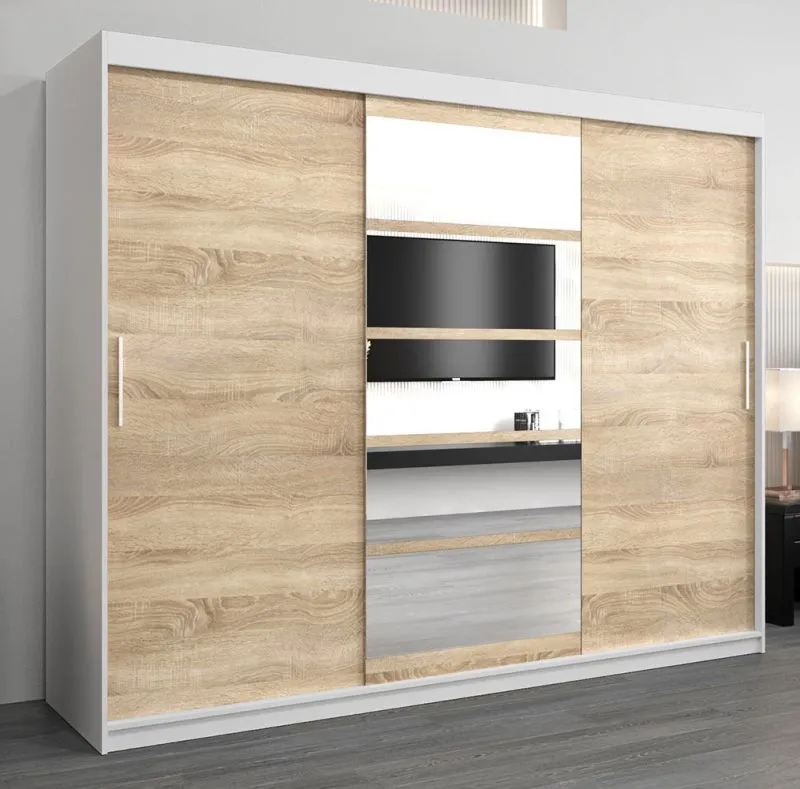 250 cm de large Armoire à portes coulissantes avec 3 portes | 10 casiers | 2 tringles à vêtements | Couleur: Chêne Sonoma / Blanc Abbildung