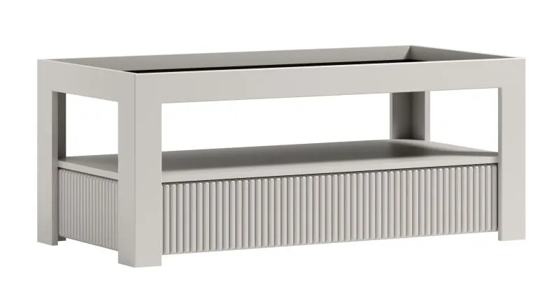Table basse design cachemire | 53 x 121 x 61 cm | Plateau en verre brun | Motif rainuré | 1 niche pratique