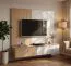 Meuble TV avec panneau mural / Couleur : Chêne Graphite / Marbre Blanc / Face striée / Fonction Push-to-open / 240 x 40 x 160 cm / Pour le salon