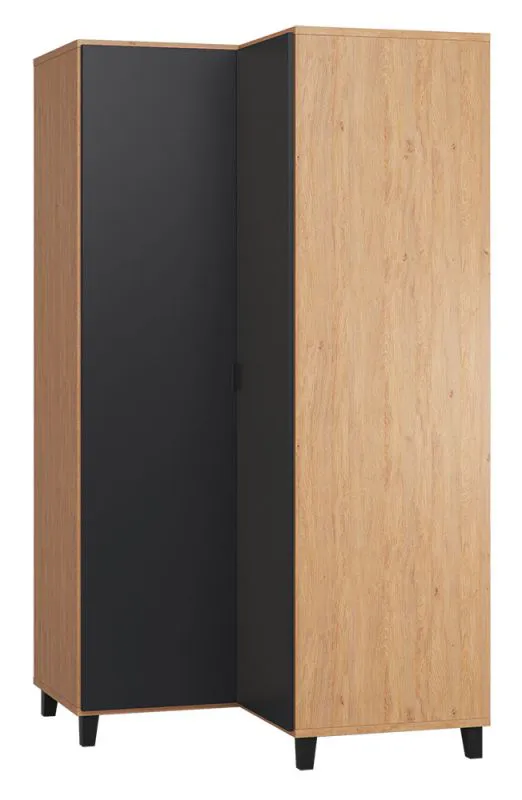 Armoire d’angle avec portes battantes Leoncho 14 | Chêne & Noir | 195 x 102 x 104 cm | Soft Close & LED