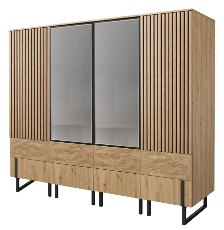 Armoire penderie Slatina 45 | 4 portes dont 2 miroirs | Espace optimisé | Chêne/Noir | 203 x 220 x 63 cm