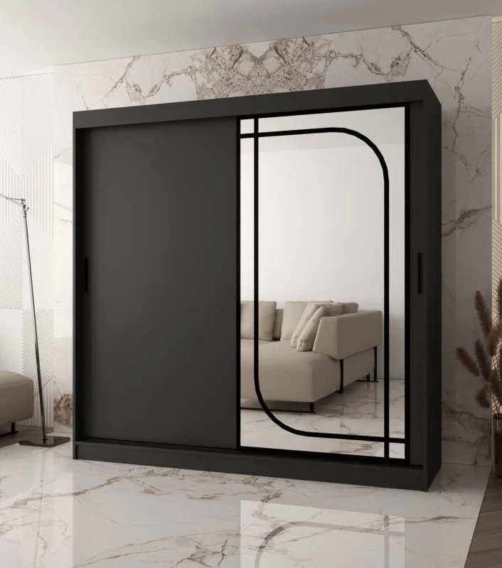 Armoire à portes coulissantes | Noir mat | Miroir décoratif | 200 x 62 x 200 cm | 10 compartiments | 2 tringles à vêtements | Détails modernes | Armoire