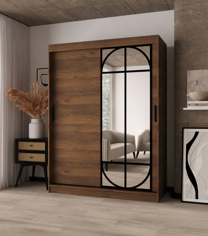 Penderie / Armoire à portes coulissantes / Couleur : Noyer Warmia / 2 tringles à vêtements / 5 compartiments / Finition haut de gamme / 150 x 62 x 200 cm / Pour chambre à coucher