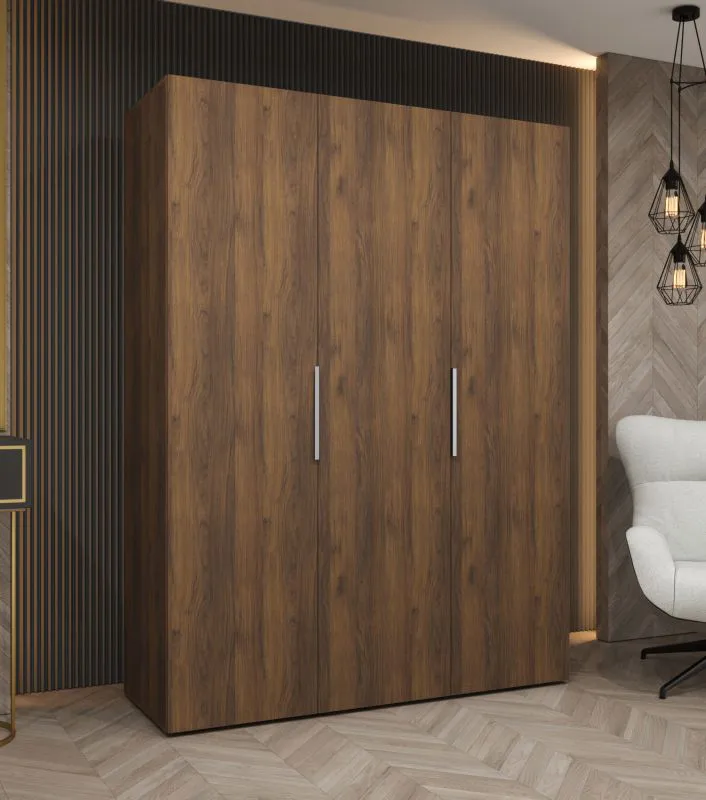 Armoire à portes battantes de 1,5 mètre de large / Couleur : Noyer / 3 portes / Système de fermeture Soft-Close / 2 compartiments / Poignées : Argent / 2 tringles / Penderie