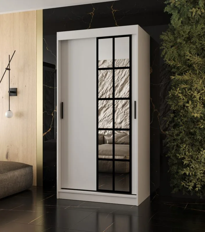 Armoire / Blanc mat / 5 compartiments / 2 tringles / Finition haut de gamme / étroite / 100 x 62 x 200 cm / Armoire à portes coulissantes / Porte miroir décorative
