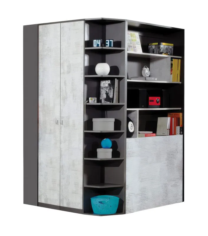 Armoire d’angle Ohey 01 pour chambre jeune | 2 portes battantes | Gris foncé & gris clair | 195 x 135 x 135 cm