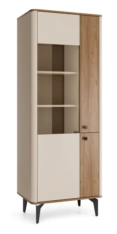 Vitrine | Armoire en verre | Noyer/Cachemire | 73 x 40 x 190 cm | Chants ABS | 3 portes | Système Push-to-open | 11 compartiments | Pieds en métal | Belladere 02