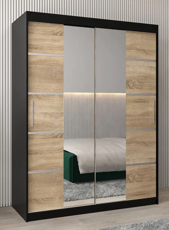 Penderie portes coulissantes avec miroir Jan 03D | Noir & Chêne Sonoma | 200 x 150 x 62 cm