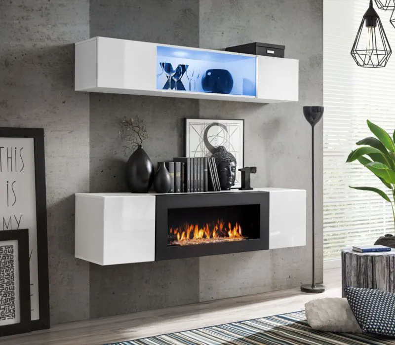 Meuble salon suspendu avec commode et cheminée Hompland 129 | Blanc | 150 x 160 x 40 cm | Push-to-open